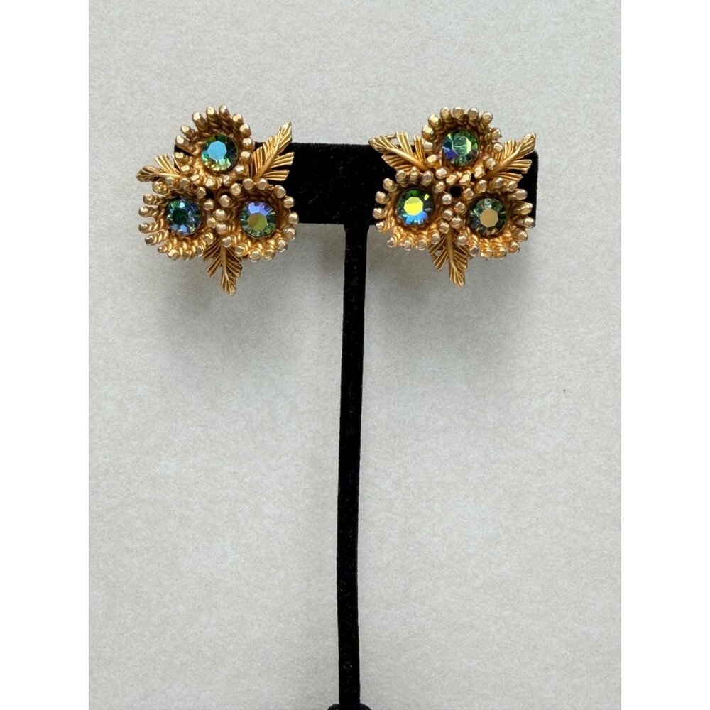 Vintage Star Clip-On Earrings Gold Tone Aurora Borealis Crystal Floral